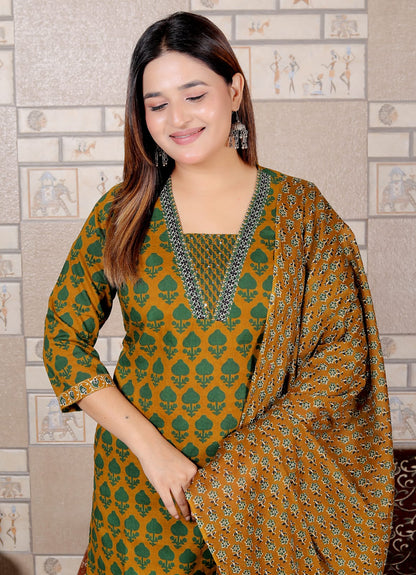 Mustard & Green Printed Cotton Suit Set for Women | 3-Piece Set with Dupatta – Lamenda Ethnic Wear