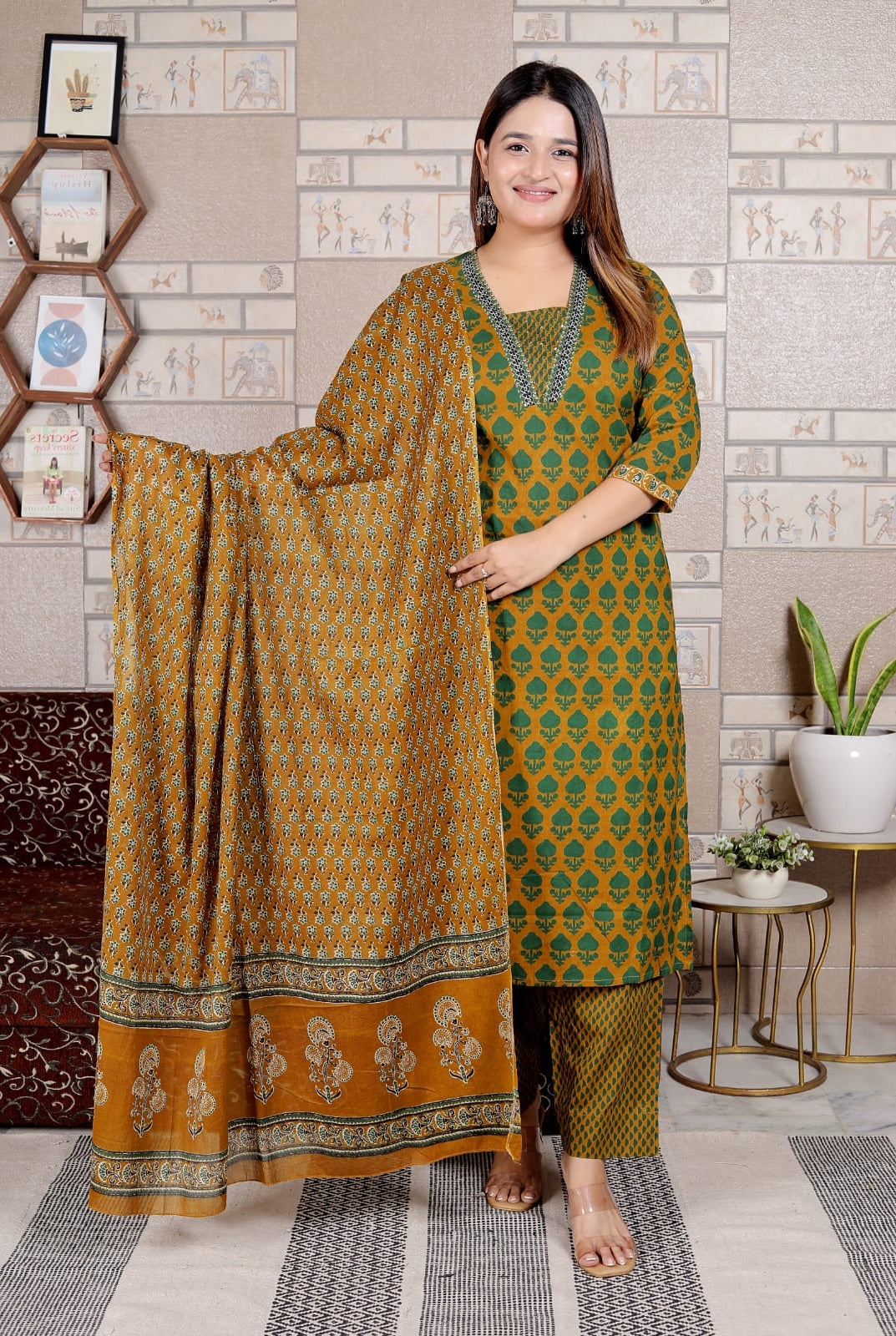 Mustard & Green Printed Cotton Suit Set for Women | 3-Piece Set with Dupatta – Lamenda Ethnic Wear