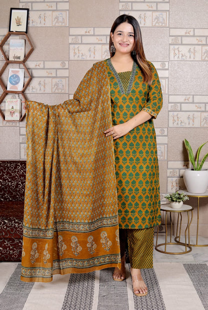 Mustard & Green Printed Cotton Suit Set for Women | 3-Piece Set with Dupatta – Lamenda Ethnic Wear