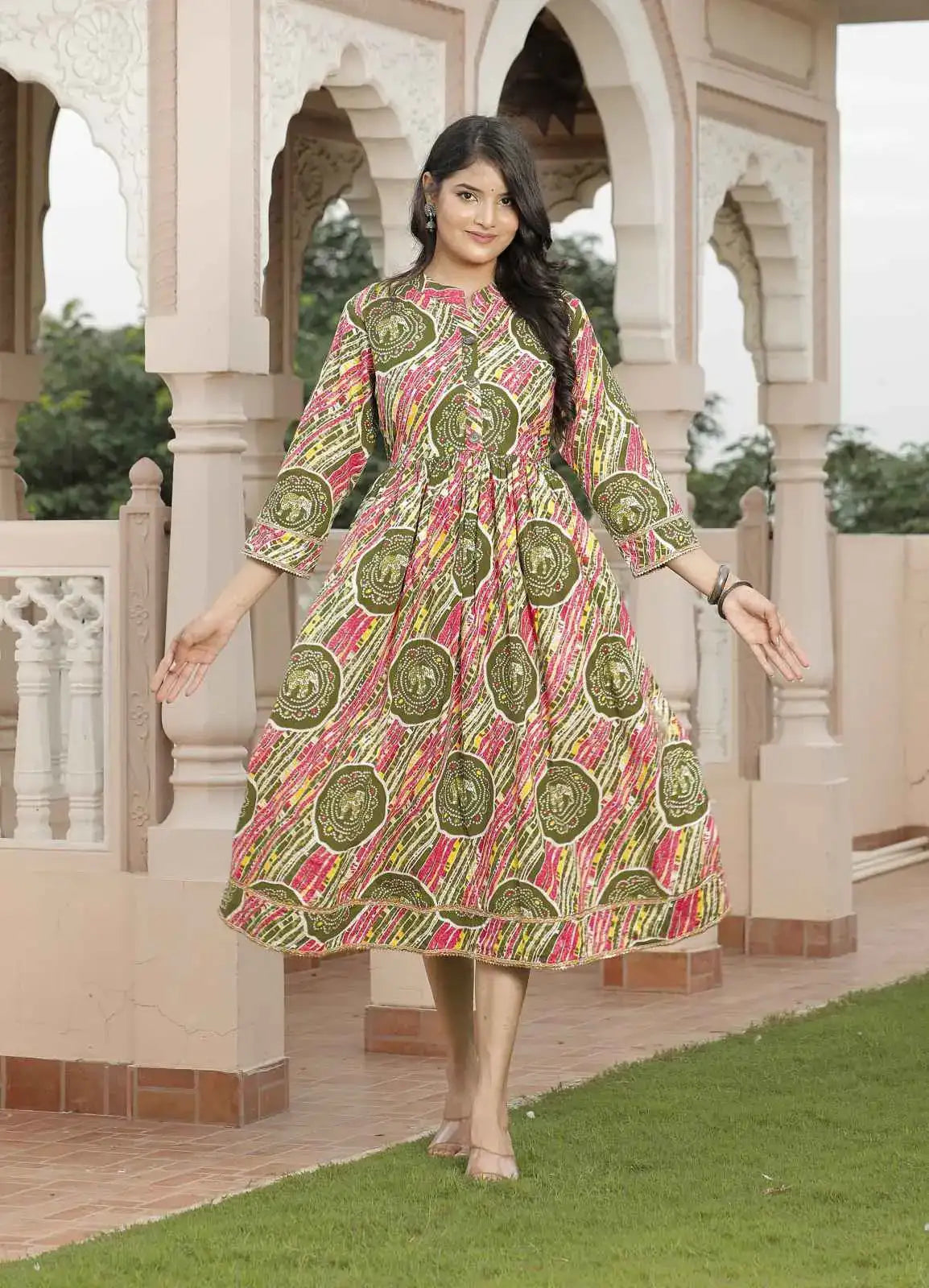 Multicolor Jaipuri Printed Cotton Flared Dress with Round Neck & 3/4 Sleeves | Festive Rajasthani Midi Dress – Lamenda