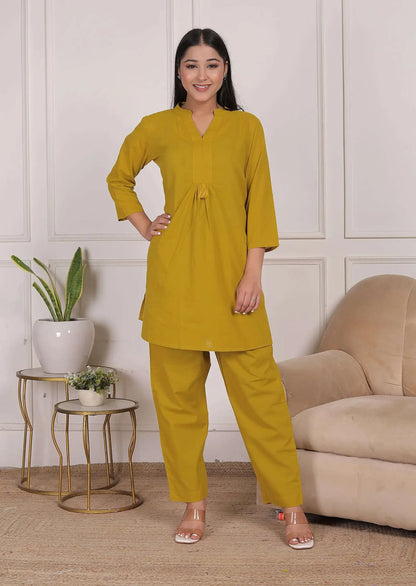 Mustard Yellow Cotton Kurta Set with Pleated Front & Tassel Detail | Elegant Dailywear Co-ord – Lamenda