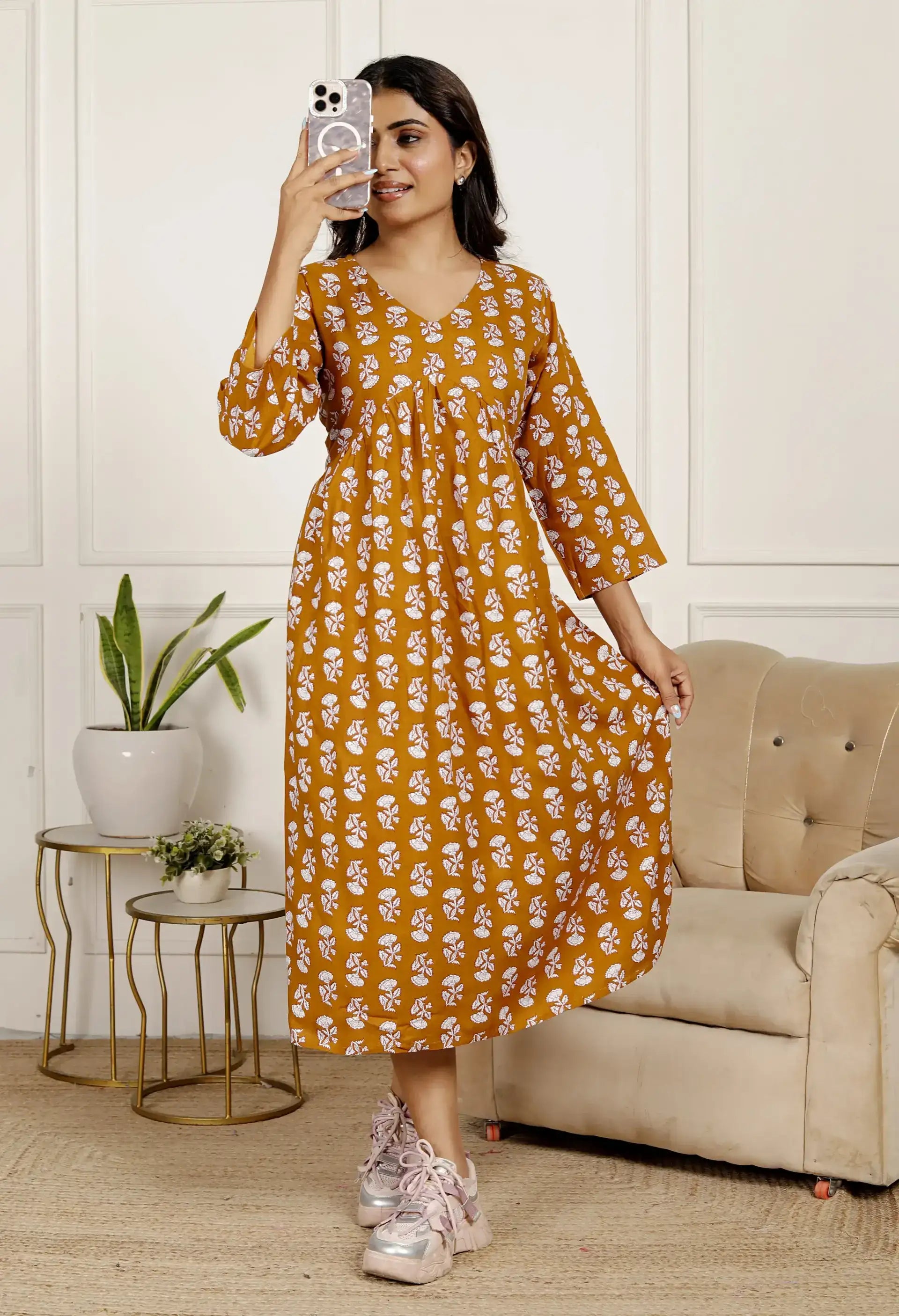 Mustard Yellow Hand-Block Print Fit & Flare Midi Dress with 3/4 Sleeves & V-Neck | Everyday Comfort – Lamenda