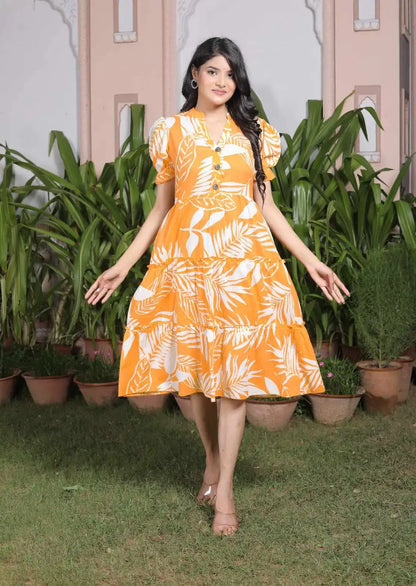Mustard Yellow Tropical Leaf Print Cotton A-Line Dress with Puff Sleeves & Tiered Hem | Summer Casual Midi Dress – Lamenda