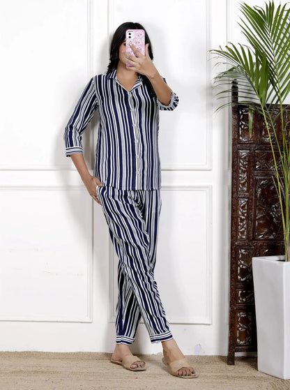 Navy Blue & White Striped Cotton Nightsuit with Shirt Collar & 3/4 Sleeves | Relaxed Fit Sleepwear Set – Lamenda