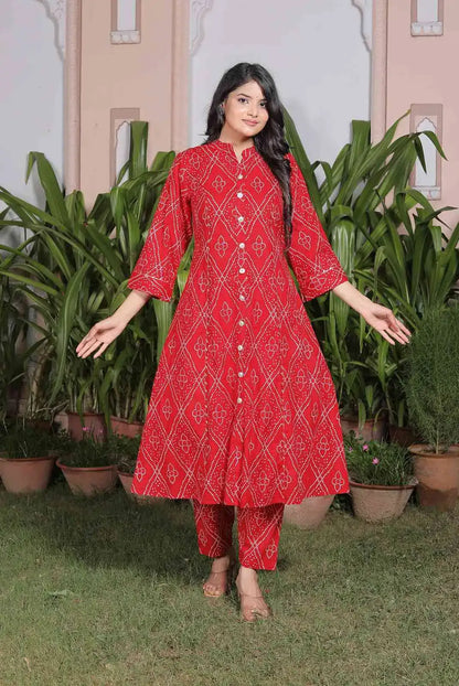 Red Diamond Print Cotton Kurta Set for Women | Front Slit Anarkali Style with Pants – Lamenda