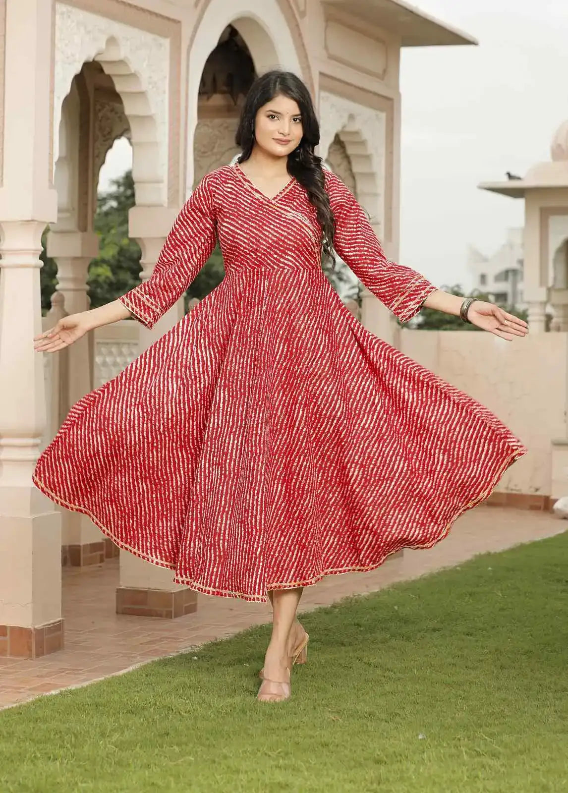 Red Leheriya Printed Cotton Flared Dress with V-Neck & 3/4 Sleeves | Festive Twirl-Worthy Ethnic Midi Dress – Lamenda