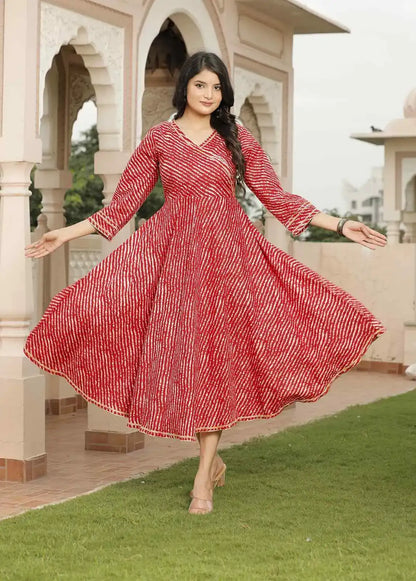 Red Leheriya Printed Cotton Flared Dress with V-Neck & 3/4 Sleeves | Festive Twirl-Worthy Ethnic Midi Dress – Lamenda
