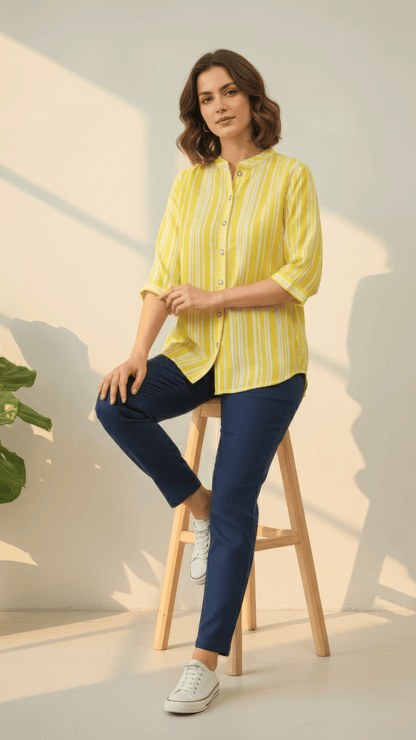 Yellow & White Striped Cotton Shirt with 3/4 Sleeves & Mandarin Collar | Casual Summer Top – Lamenda