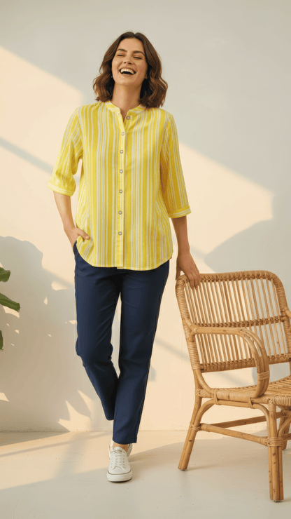 Yellow & White Striped Cotton Shirt with 3/4 Sleeves & Mandarin Collar | Casual Summer Top – Lamenda