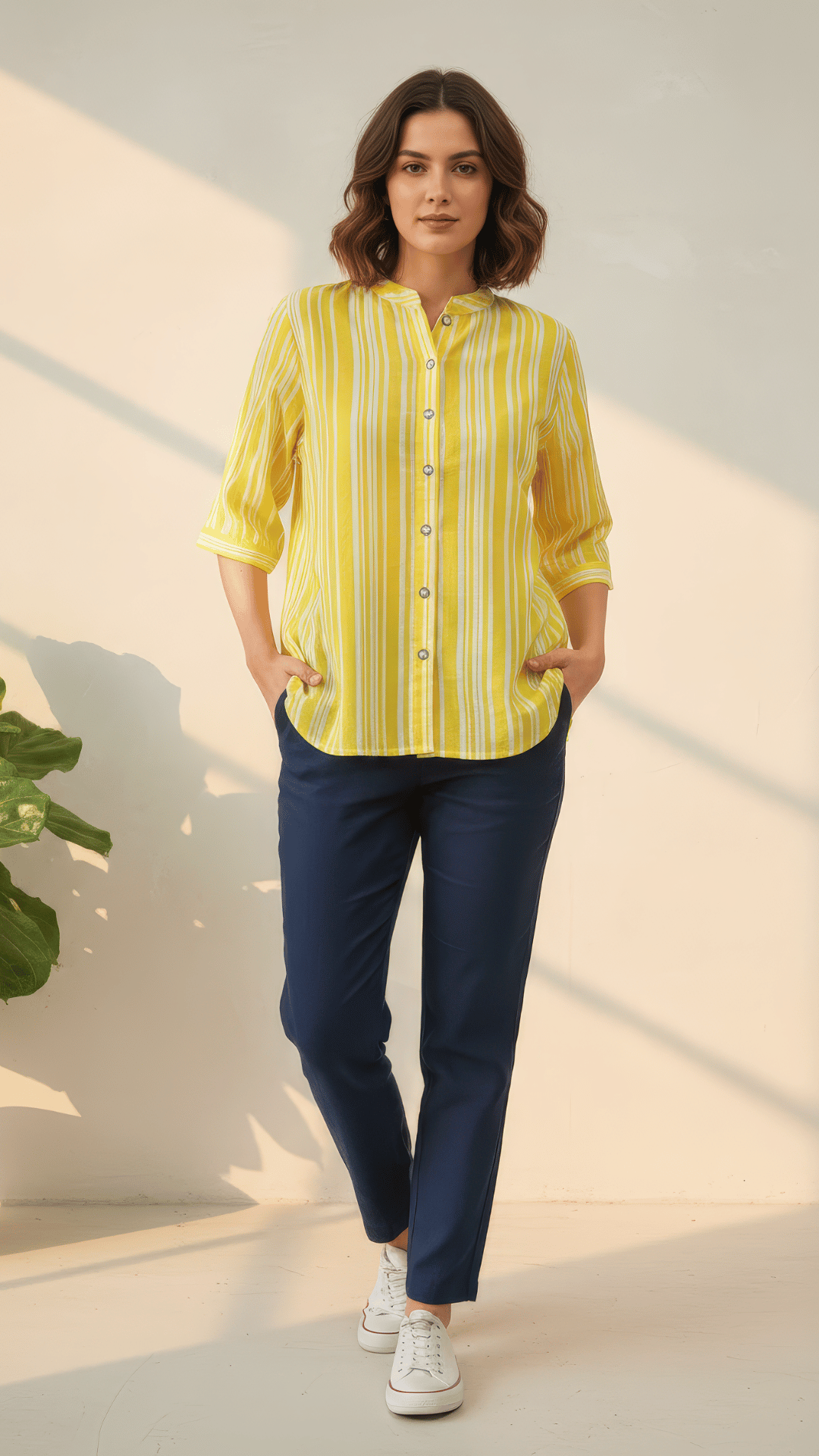 Yellow & White Striped Cotton Shirt with 3/4 Sleeves & Mandarin Collar | Casual Summer Top – Lamenda