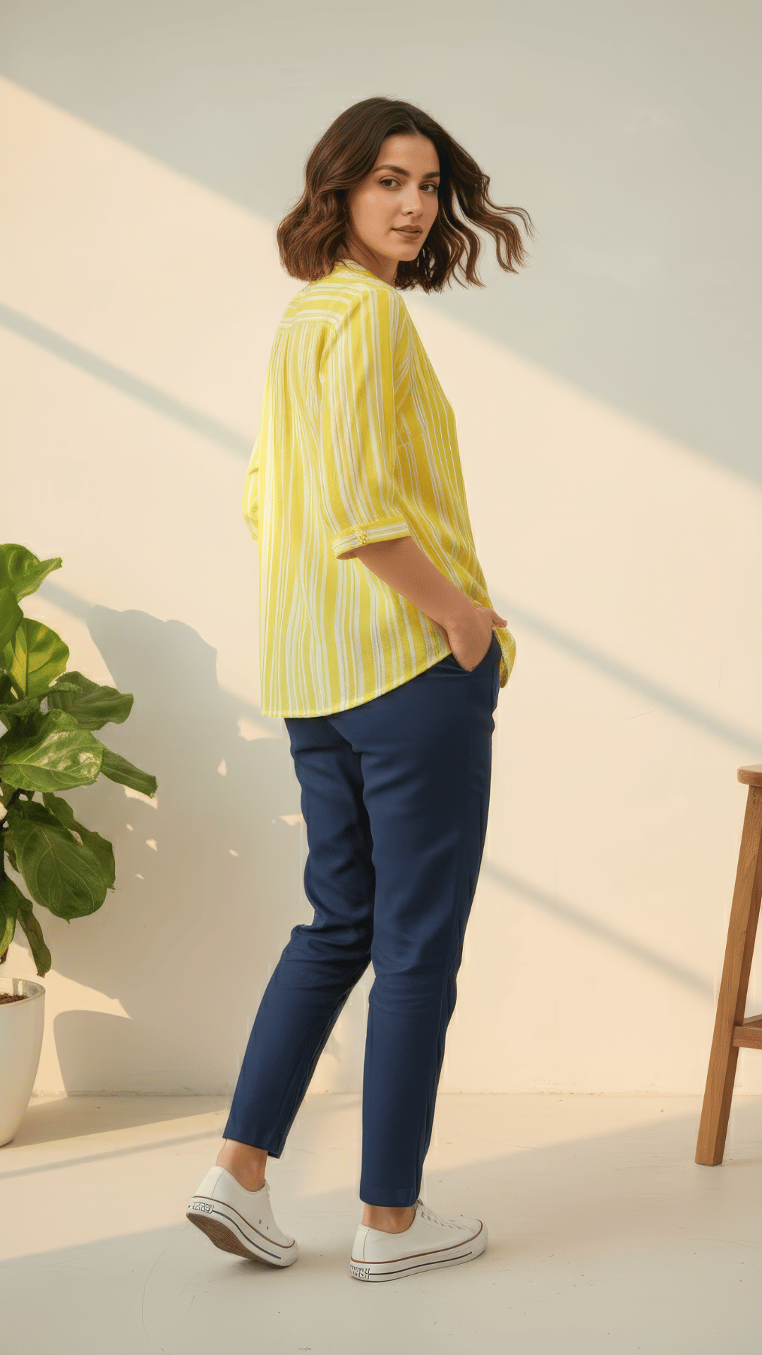 Yellow & White Striped Cotton Shirt with 3/4 Sleeves & Mandarin Collar | Casual Summer Top – Lamenda
