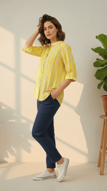 Yellow & White Striped Cotton Shirt with 3/4 Sleeves & Mandarin Collar | Casual Summer Top – Lamenda