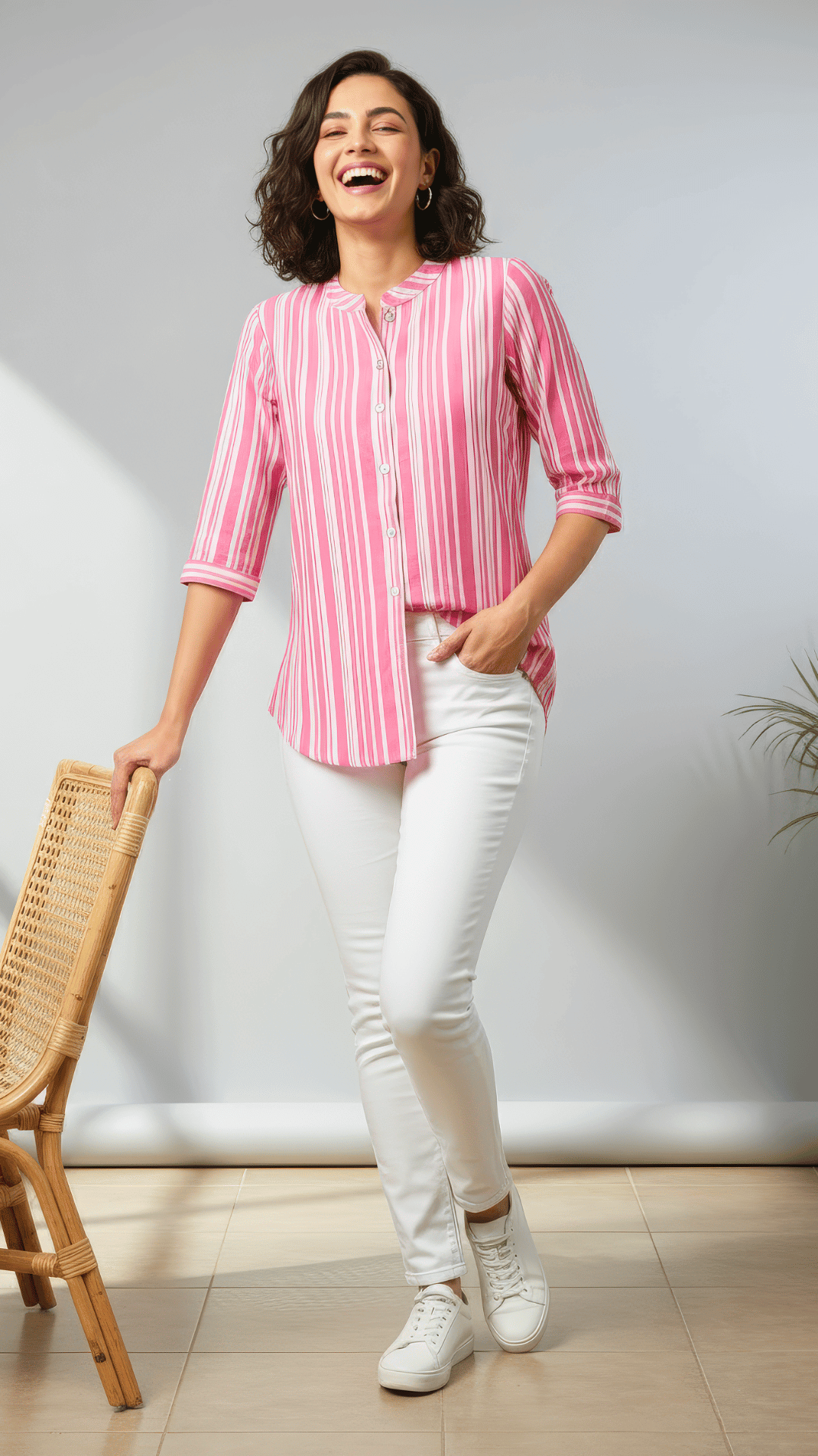 Pink & White Striped Cotton Shirt with 3/4 Sleeves & Mandarin Collar | Everyday Casual Top – Lamenda