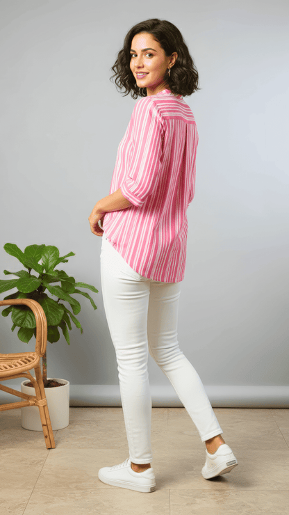 Pink & White Striped Cotton Shirt with 3/4 Sleeves & Mandarin Collar | Everyday Casual Top – Lamenda