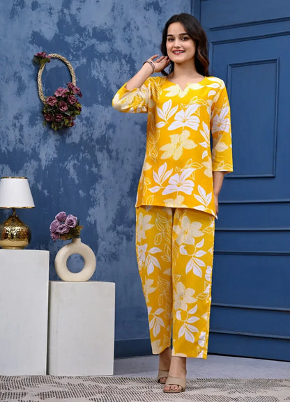 Bright Yellow Floral Cotton Co-ord Set for Women – Lamenda