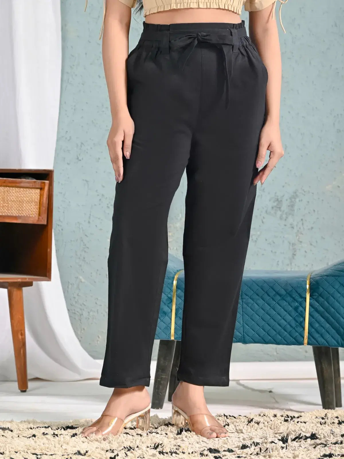 Black High-Waist Cotton Pants for Women with Belt | Stylish Straight Fit Trousers – Lamenda