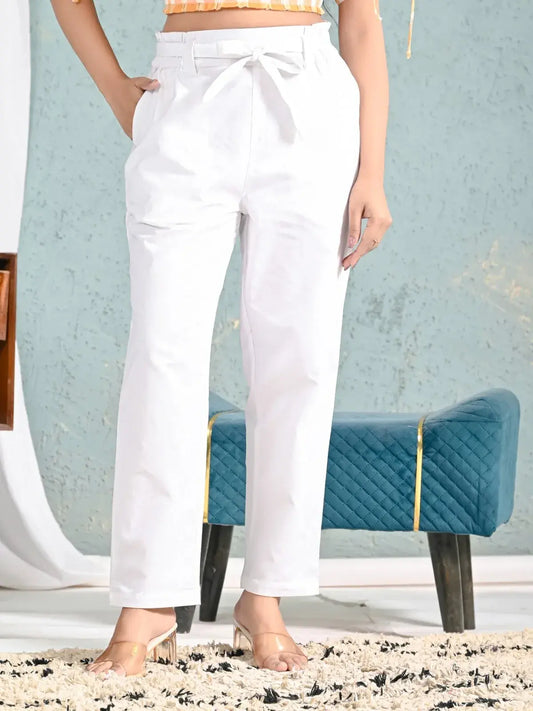 White High-Waist Cotton Pants for Women with Tie-Up Belt | Straight Fit Trousers – Lamenda